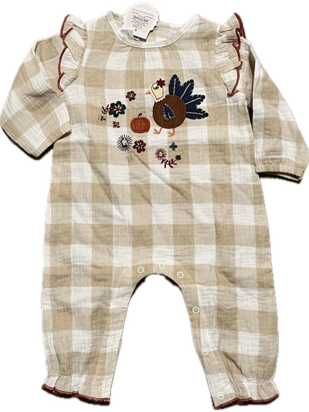 Mud Pie 6m 9m NWT Thanksgiving turkey fall romper jumpsuit applique gingham